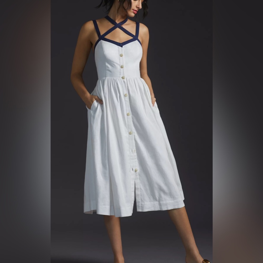 Anthropologie White Midi Dress with Navy Straps